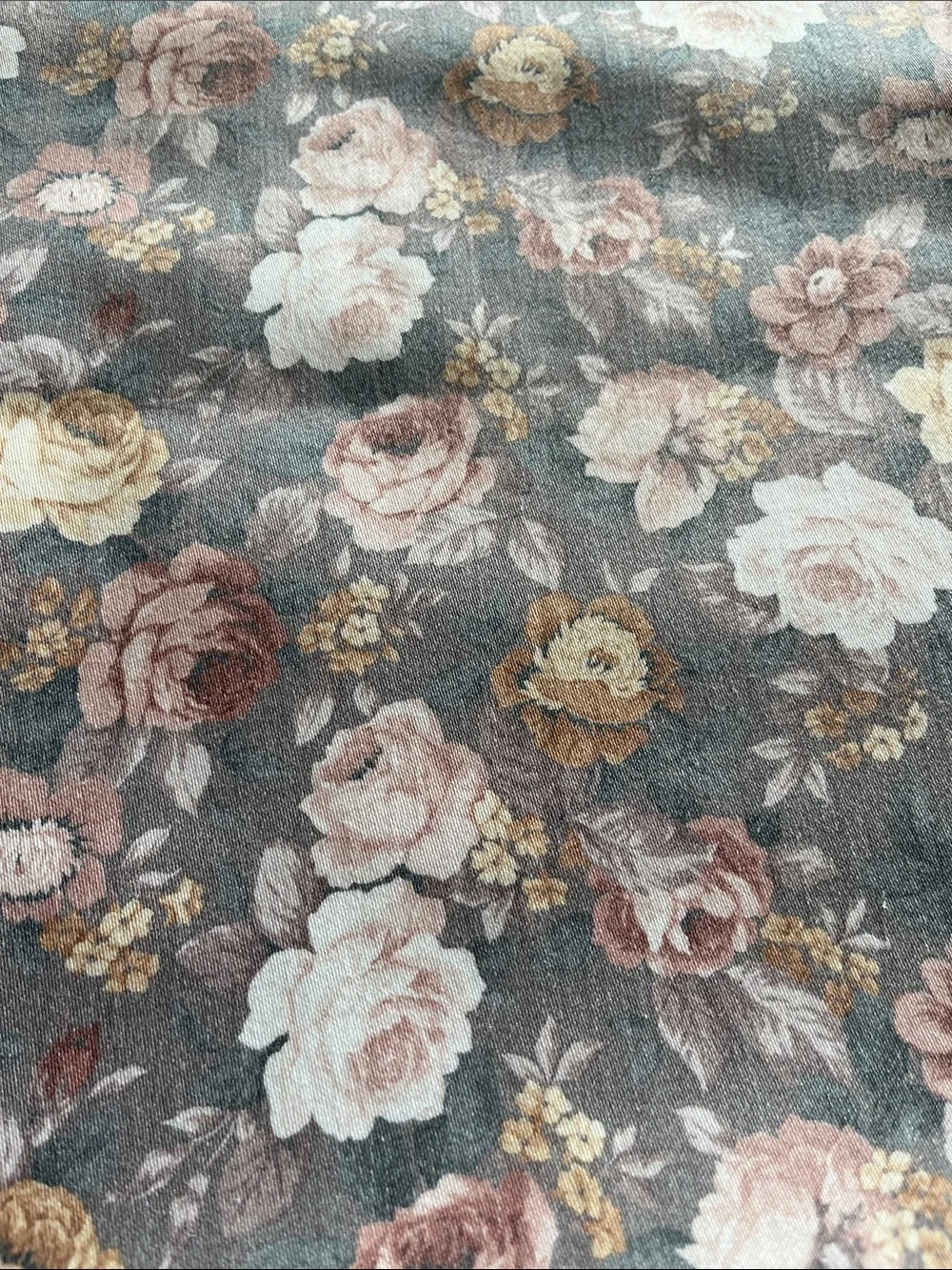 Vintage Floral Rose Grey Print Upholstery Fabric Top in Blush and Mustard